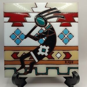 Earthtones Kokopelli Southwest art tile, hand-glazed, signed by the artist Krit